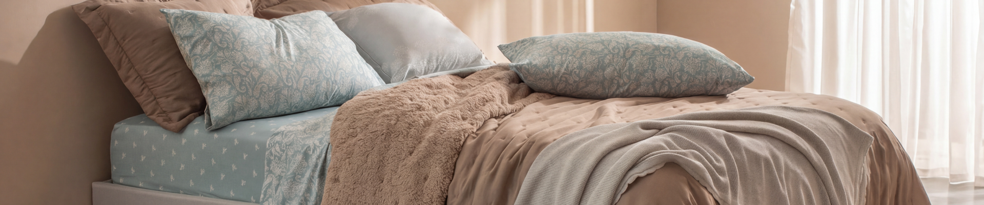 Cama vestida en capas con texturas y tonos neutros, frazada Coral Fleece y piecera de Arredo