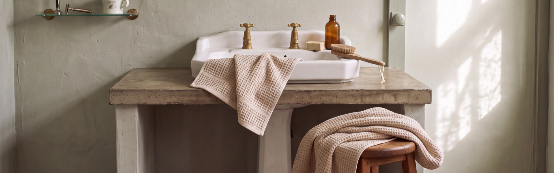 Baño estilo spa con toallones de algodón apilados y luz cálida.